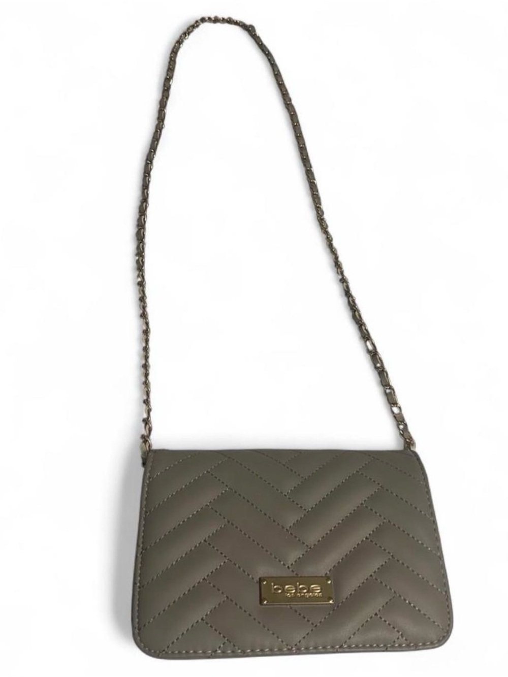 bebe Quilted Crossbody Bag in Taupe Gray with Gold Chain